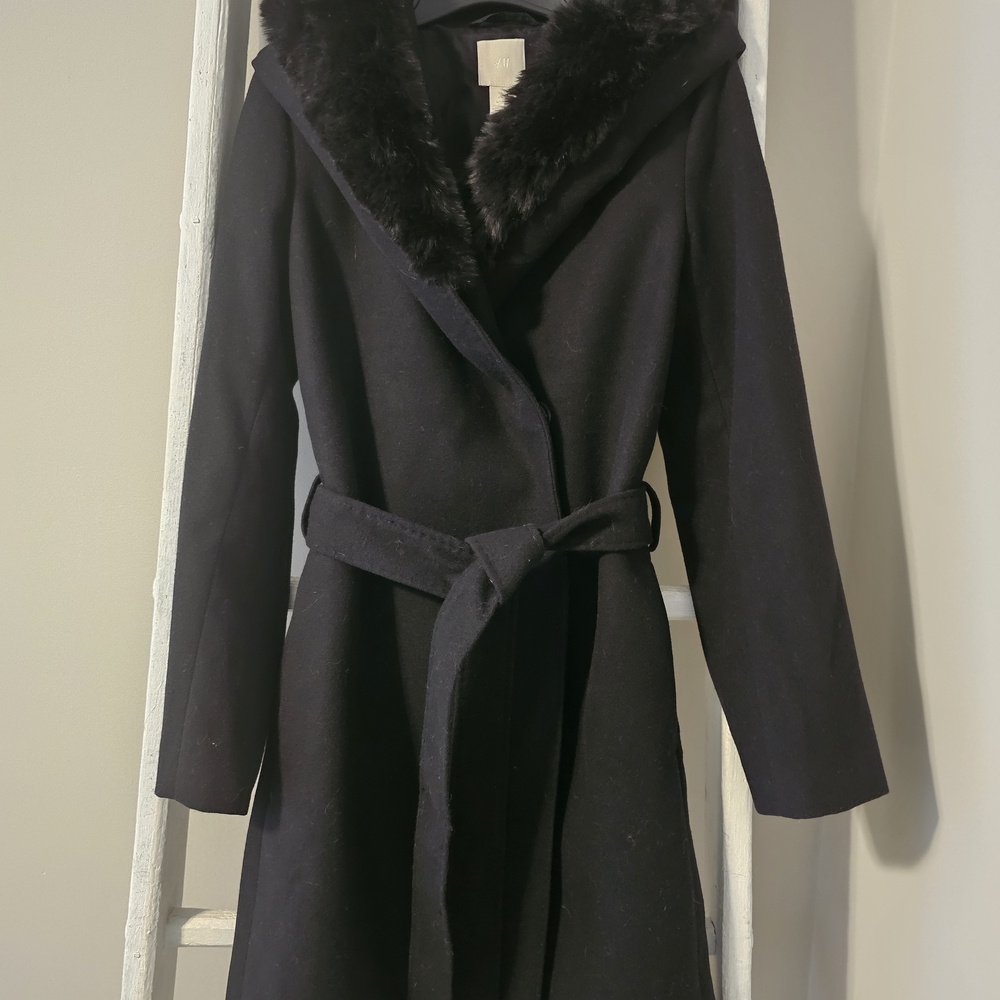 H&M Black Trench Coat with Fur Collar